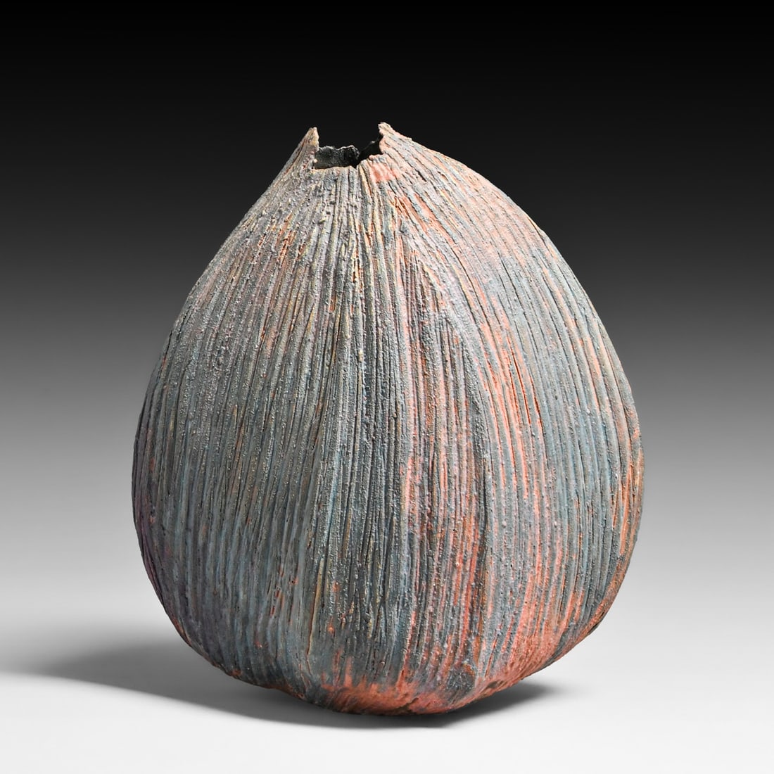 Museum-Quality Sara (Sally) King (1928–1995) Hand-Carved Studio Pottery Vessel: Museum-Quality Sara (Sally) King (1928–1995) Hand-Carved Studio Pottery Vessel. Signed. Perfect condition. 10"h x 8.5"w x 4.75" This exceptional stoneware vessel is a definitive work by Sara (Sally)