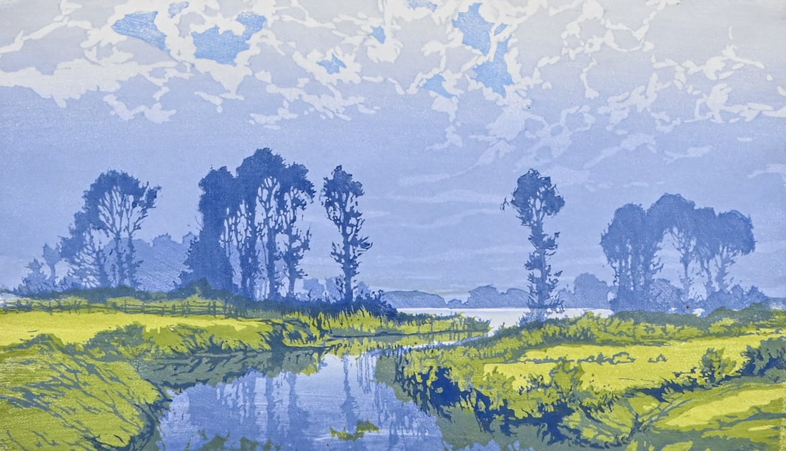 Oscar Droege (German 1898-1983) Color Woodcut: River Landscape c1920s: Oscar Droege (German 1898-1983) Color Woodcut: River Landscape c1920s. Signed. Some light rubs to frame. Woodcut in excellent condition. 9.5"h x 16"w. Frame 14.75"h x 20.75"w FREE NATIONWIDE SHIPPING 