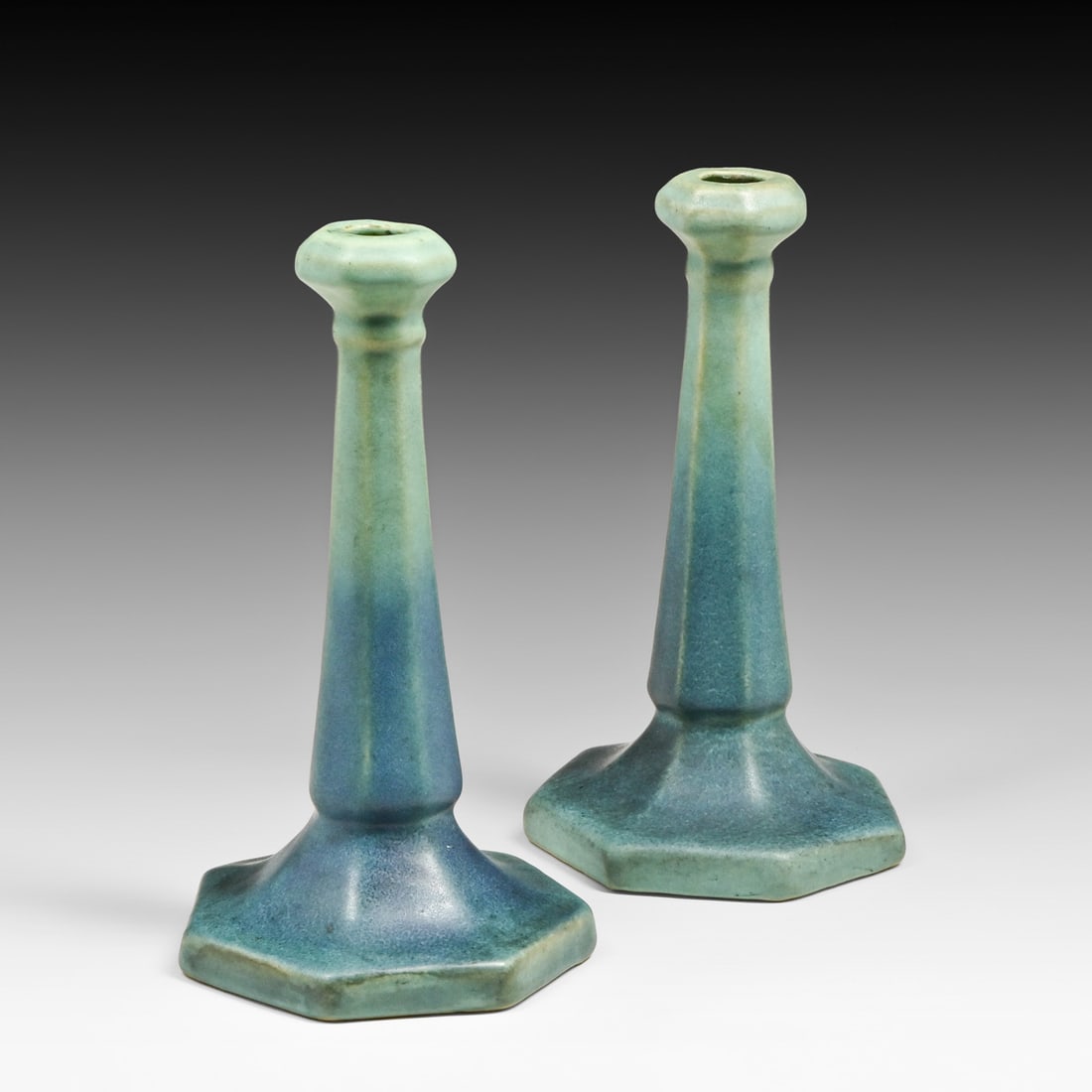 Pair Van Briggle Matte Blue Candlesticks c1920s (1 of 5)