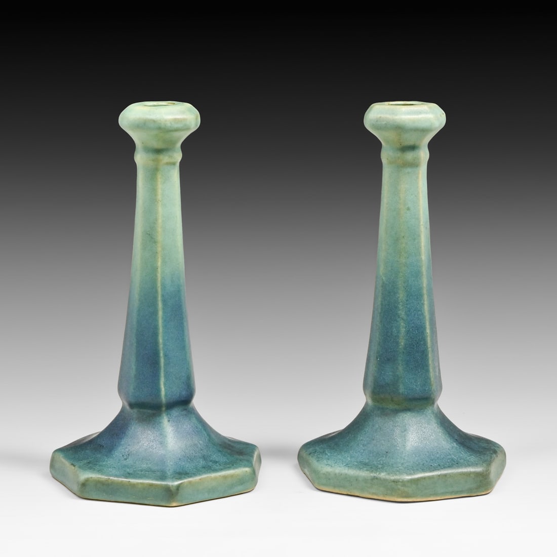 Pair Van Briggle Matte Blue Candlesticks c1920s - 2