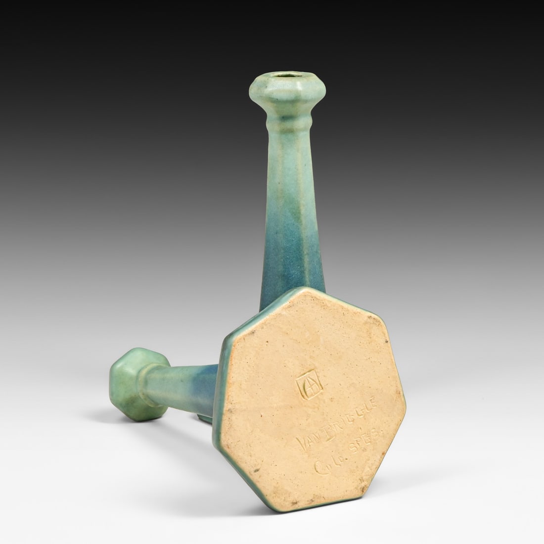 Pair Van Briggle Matte Blue Candlesticks c1920s - 3