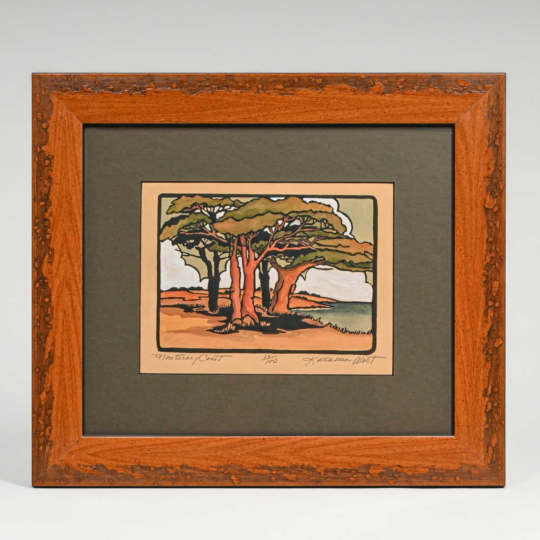 Kathleen West Woodblock "Monterey Coast" c1990s: Kathleen West Woodblock "Monterey Coast" c1990s. Signed. Excellent condition. 9.5"h x 11.5"w. Frame 12.75"h x 14.5"w FREE NATIONWIDE SHIPPINGFree Nationwide Shipping within the lower 48 states for