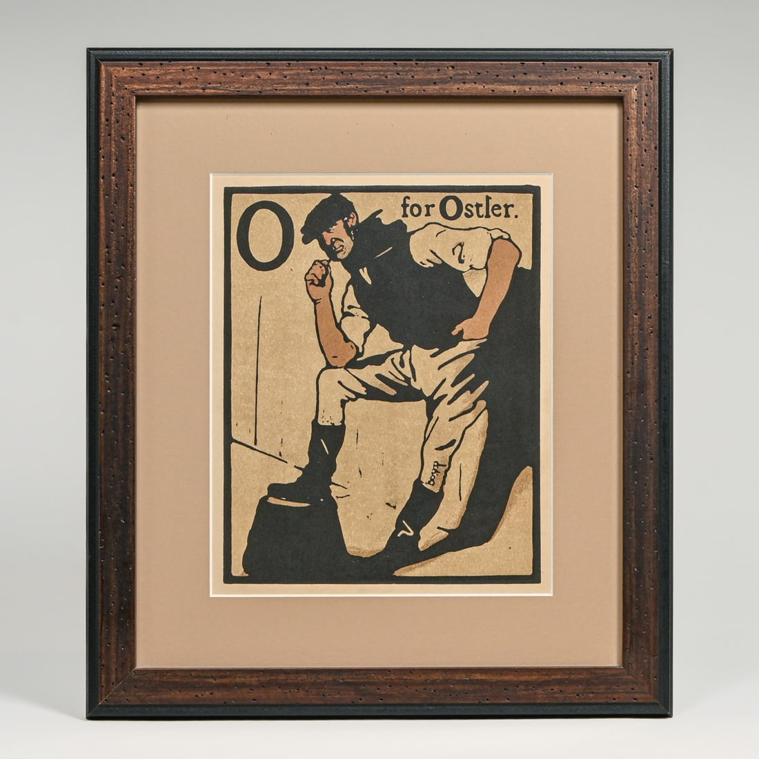 Sir William Nicholson (British 1872-1949) Hand-Colored Woodcut "O for Ostler" 1898: Sir William Nicholson (British 1872-1949) Hand-Colored Woodcut "O for Ostler" 1898. From the An Alphabet series published in 1898. Signed in print "N". Excellent condition. 10.25"h x 8.25"w. Frame