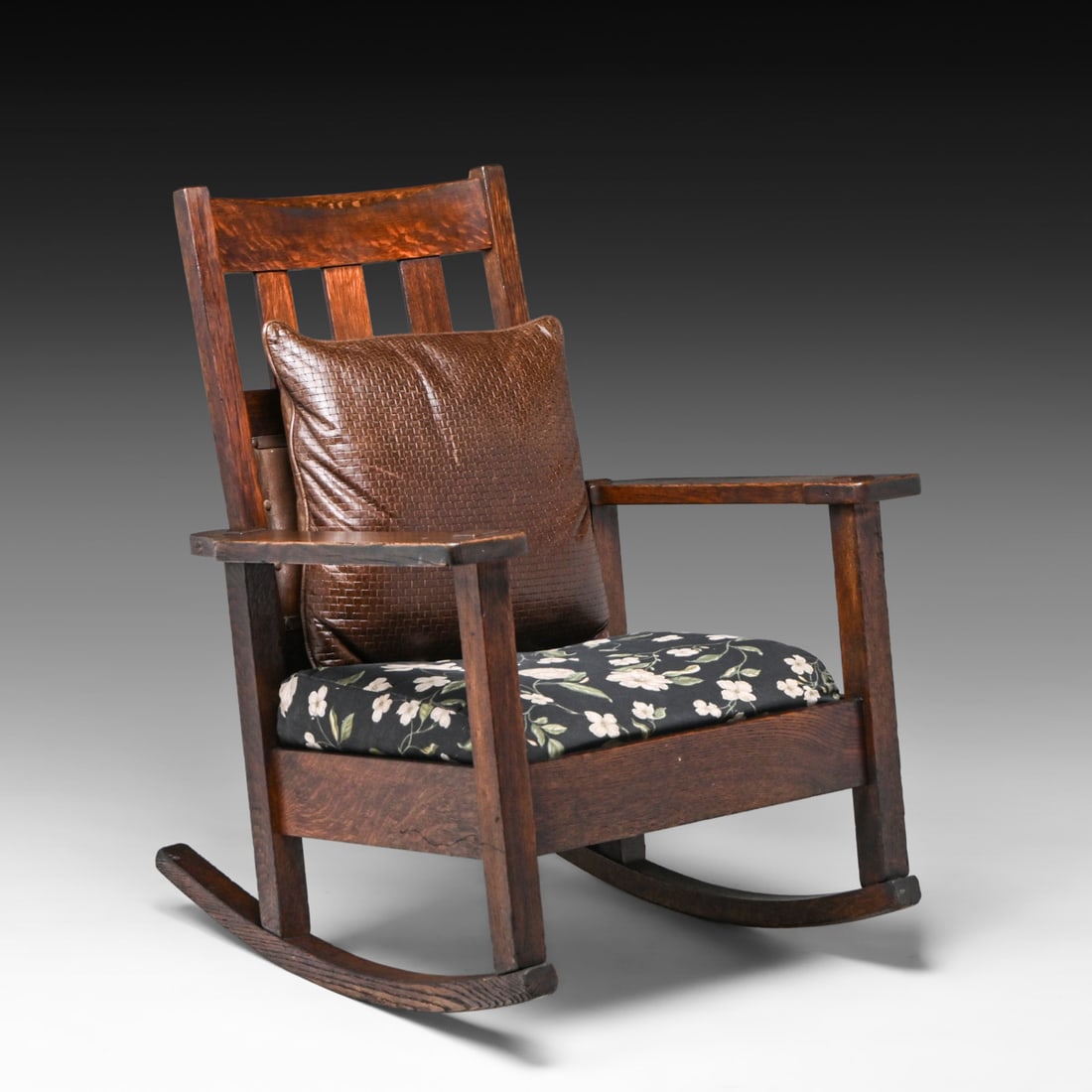Stickley Brothers Oak Rocker c1910: Stickley Brothers Oak Rocker c1910. Unsigned. Worn original finish. Funky old upholstery. 35.5"h x 27.75"w x 29.75"d FREE NATIONWIDE SHIPPINGFree Nationwide Shipping within the lower 48 states