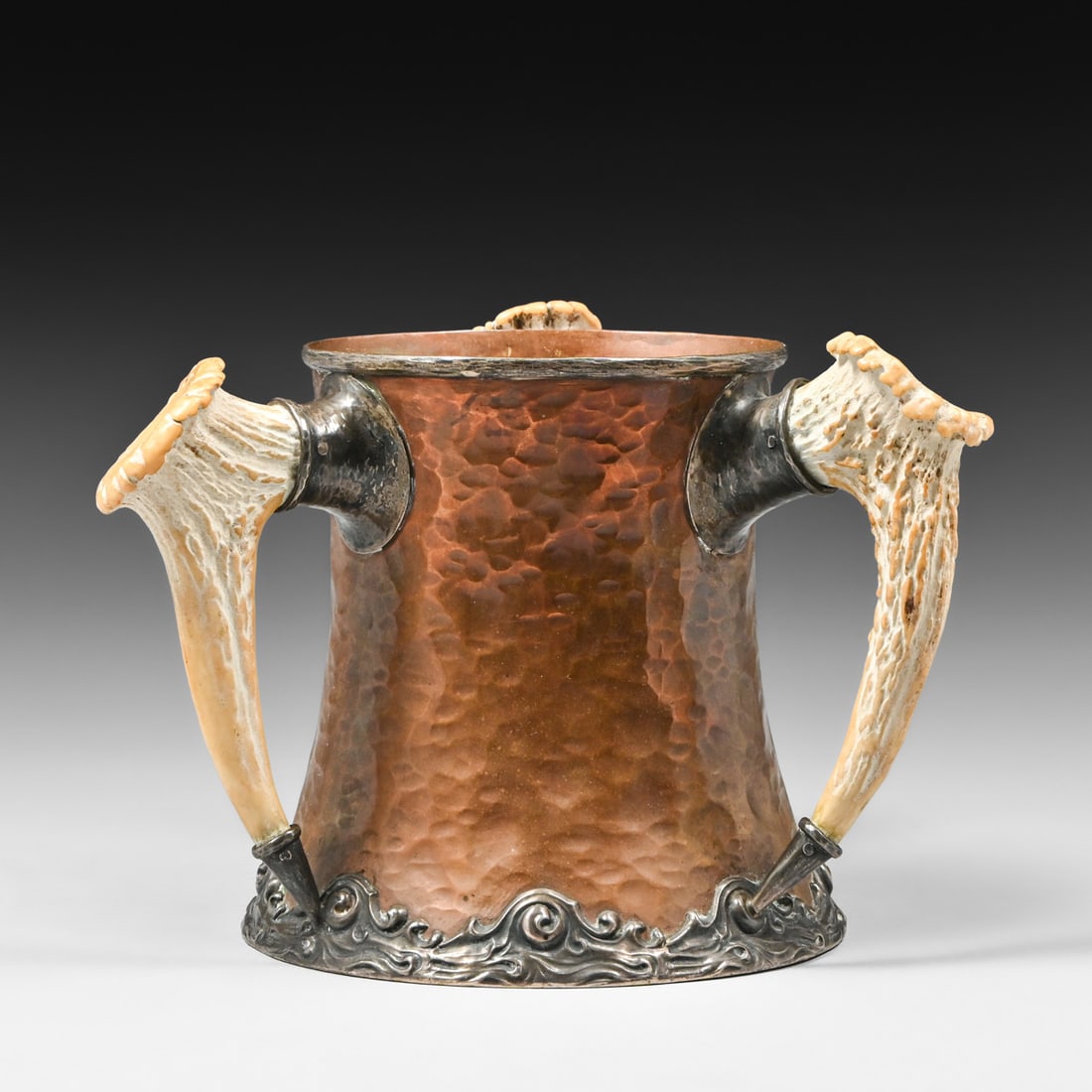 Joseph Heinrich Hammered Copper, Sterling Silver & Antler Three-Handle Vase c1905: Joseph Heinrich Hammered Copper, Sterling Silver & Antler Three-Handle Vase c1905. Marked "Copper and Silver". Very nice aged patina. 5.25"h x 7" FREE NATIONWIDE SHIPPINGFree Nationwide Shipping