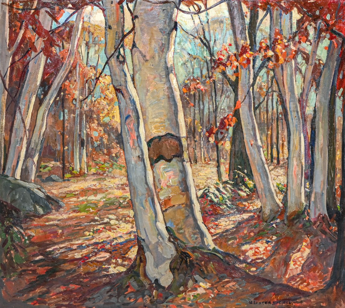 William Lester Stevens (1888-1969) Painting: Fall Beech Trees c1944-1950s: William Lester Stevens (1888-1969) Painting: Fall Beech Trees c1944-1950s. Oil painting on canvas. Excellent condition. 36"h x 40"w. Frame 40.5"h x 44.5"w Fall Beech Trees is a masterwork of the
