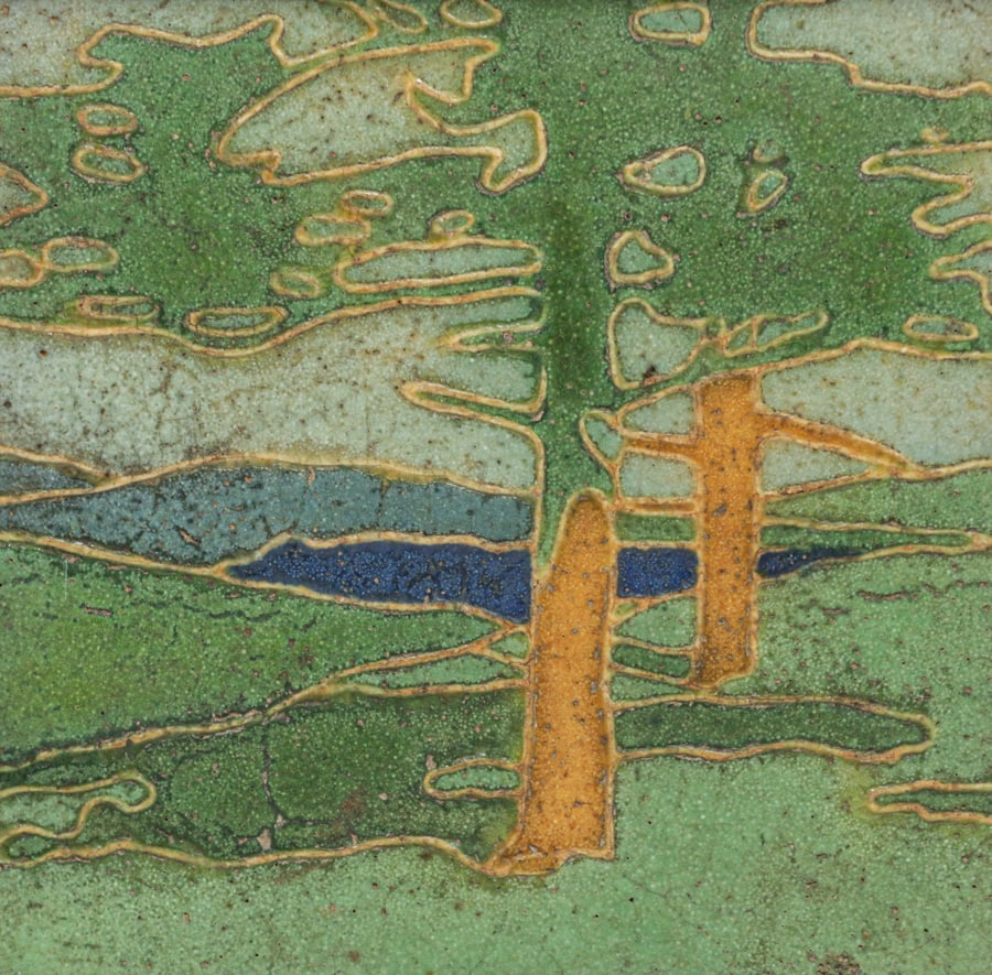 Grueby Faience Pine Trees Tile c1906: Grueby Faience Pine Trees Tile c1906. Unsigned. Perfect condition. This form shows the influence of Arthur Wesley Dow. 6? x 6?. Frame 8.25" x 8.25" FREE NATIONWIDE SHIPPING Free Nationwide Shipping wi
