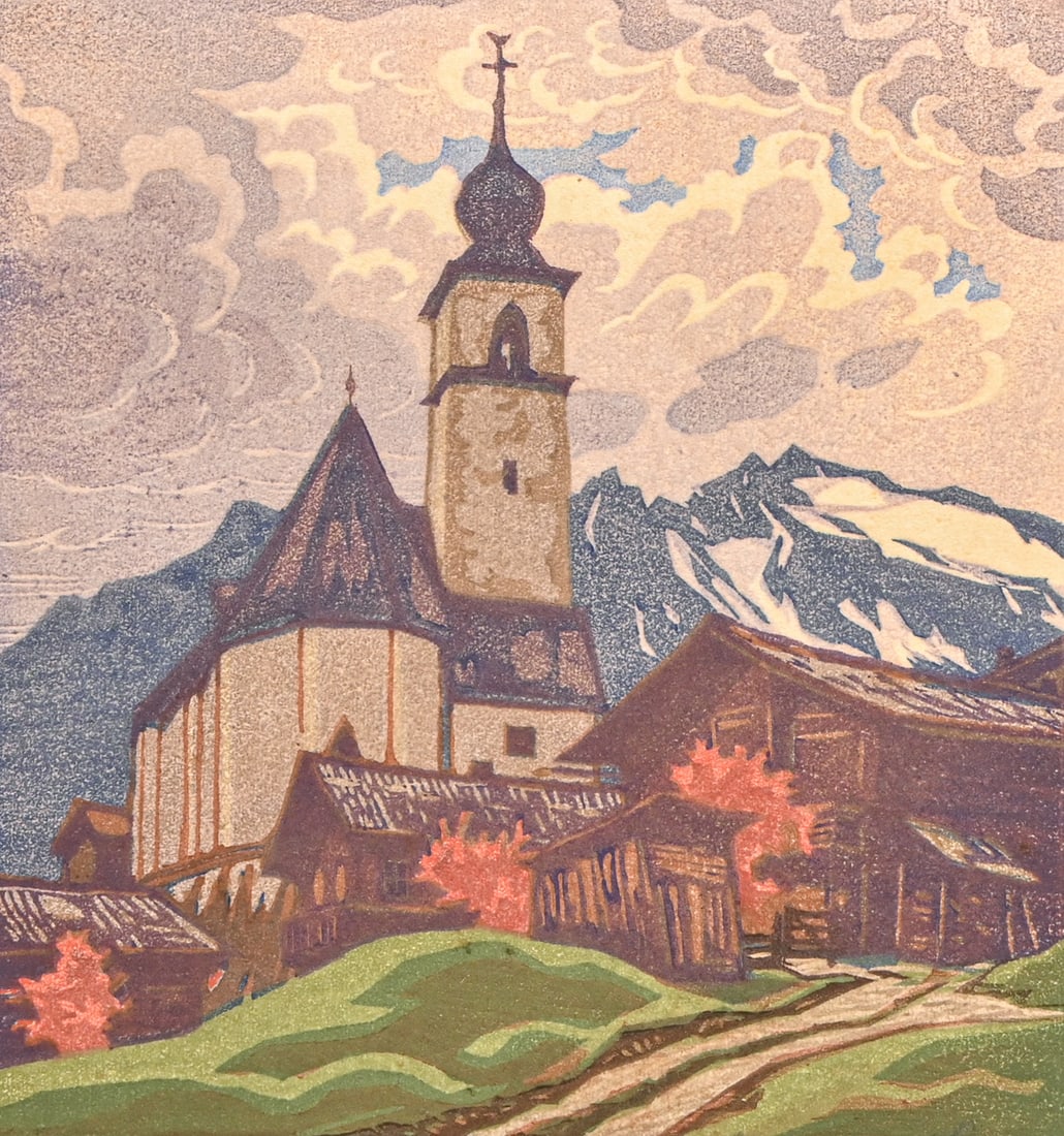 Engelbert Lap (Austrian 1886-1970) Color Woodcut "Prägraten in Osttirol" c1920s.: Engelbert Lap (Austrian 1886-1970) Color Woodcut "Prägraten in Osttirol" c1920s. Signed. Excellent condition. 6.5"h x 6"w. Frame 10 5/8" x 10 5/8" FREE NATIONWIDE SHIPPING Free Nationwide Shipping wi