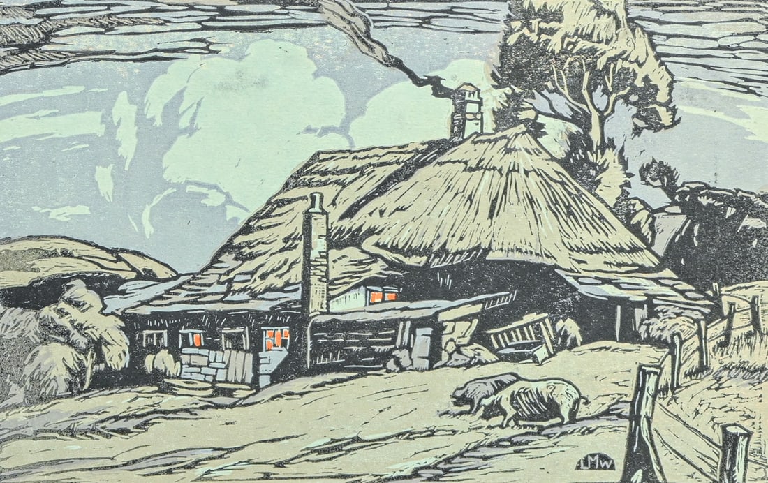 Ludwig Hirschfeld-Mack (German 1893-1965) Color Woodcut "Village Scene" c1920s: Ludwig Hirschfeld-Mack (German 1893-1965) Color Woodcut "Village Scene" c1920s. Signed. Excellent condition. 8.5"h x 12.5"w. Frame 12.25"h x 16.25"w A fine example of early 20th-century German graphic