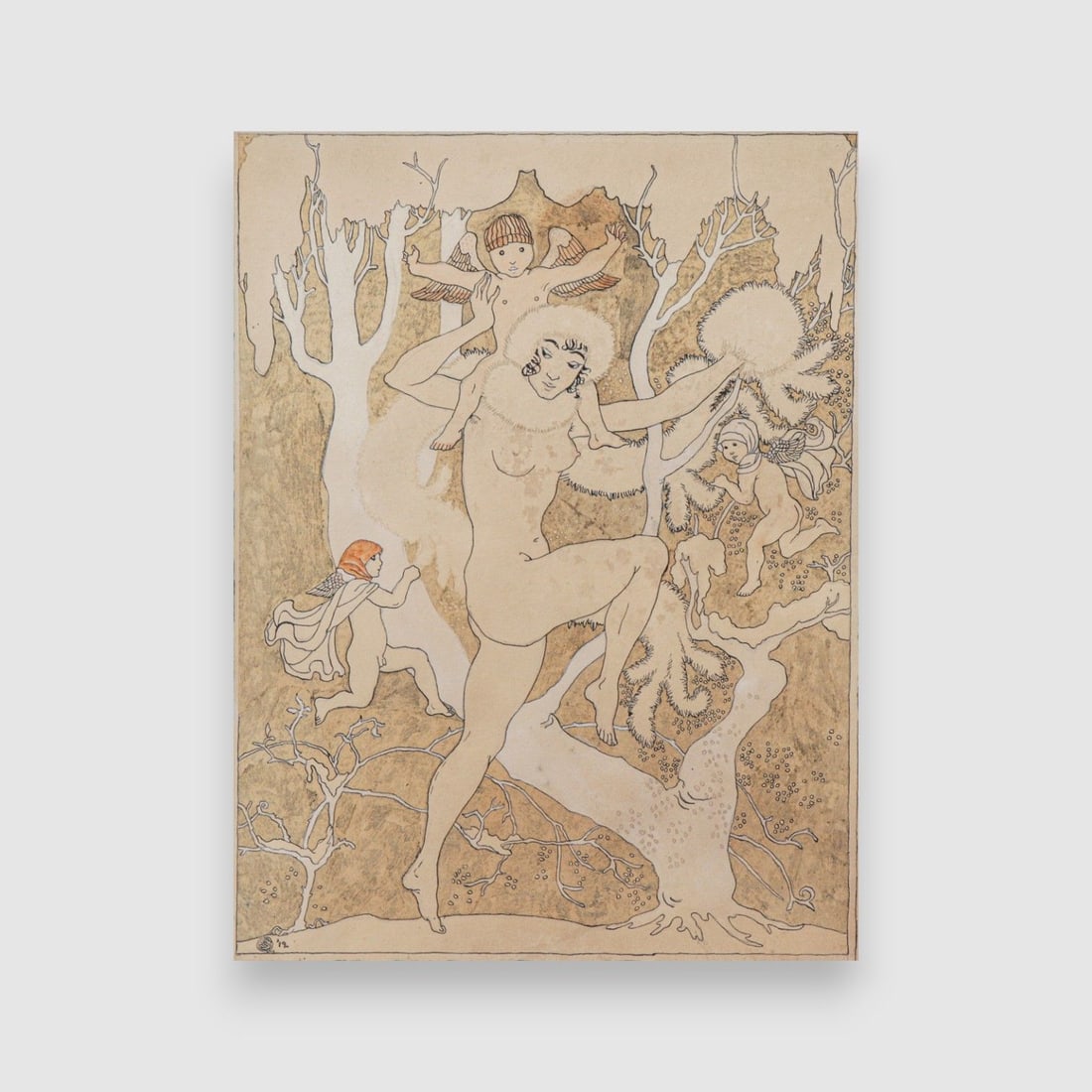 Art Nouveau Watercolor Drawing of Nude Mother & Children 1919: Art Nouveau Watercolor Drawing of Nude Mother & Children 1919. Signed with unknown monogram "QJS"? Dated 1919. Some light spotting, otherwise excellent condition. 12.25"h x 9.25"w. Frame 19.5"h x