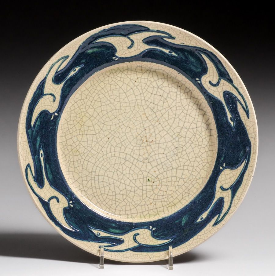 Early Pewabic Pottery Iridescent Crackleware Flying Geese Plate c1910 (1 of 4)