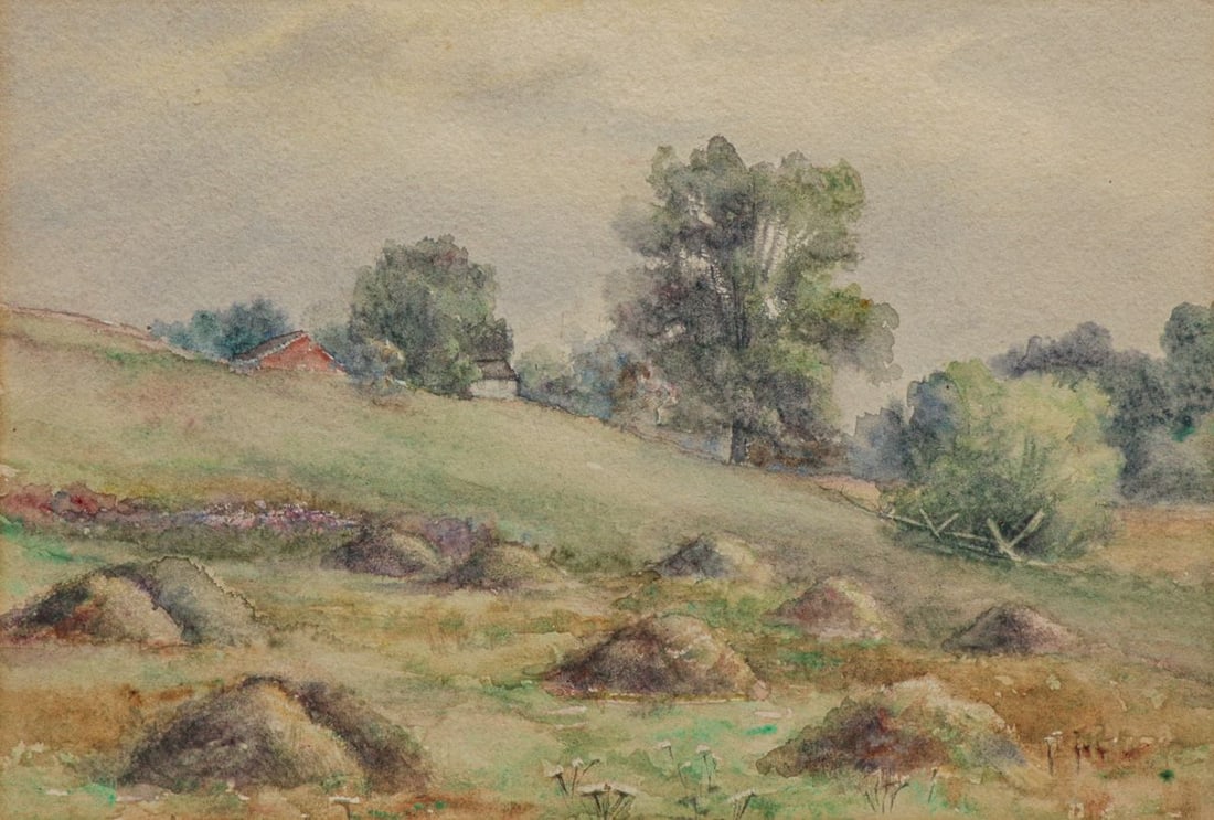 Arts & Crafts Period Watercolor Rolling Hills & Red House c1910: Arts & Crafts Period Watercolor Rolling Hills & Red House c1910. Unsigned. Appears to be in excellent condition. Not examined out of the frame. Image 6.5"h x 9.5"w. Frame 12"h x 15"w Buyer's Premium
