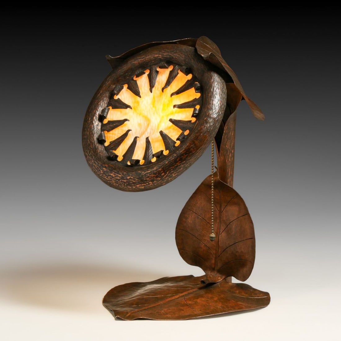 Unusual Arts & Crafts Hammered Copper & Slag Glass Lamp c1910 (1 of 10)