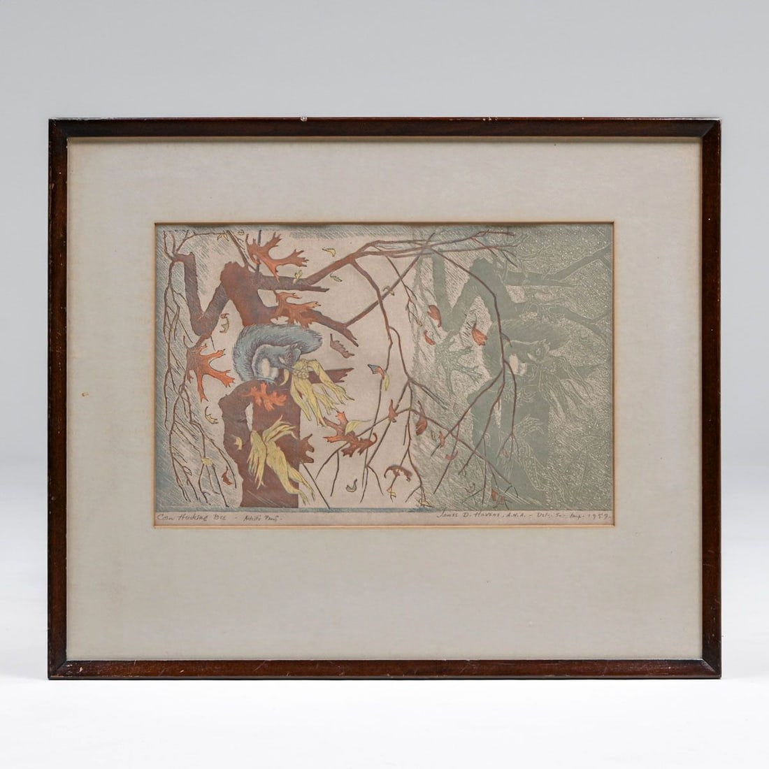 James Dexter Havens (1900–1960) Color Woodcut "Corn Husking Bee" 1959: James Dexter Havens (1900–1960) Color Woodcut "Corn Husking Bee" 1959. Signed and Inscribed "Artist's Proof". Excellent condition. 8.25"h x 12.25"w. Frame 15 1/8"h x 18.25"w FREE NATIONWIDE