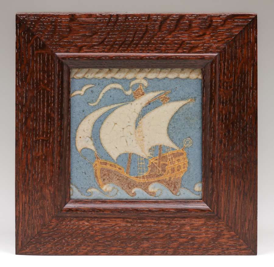 Grueby Galleon Ship Framed Tile c1905: Grueby Galleon Ship Framed Tile c1905. Unsigned. Perfect condition. Holton Studio custom oak frame. 6? x 6?. Holton frame 11? x 11? FREE NATIONWIDE SHIPPING Free Nationwide Shipping within the lower