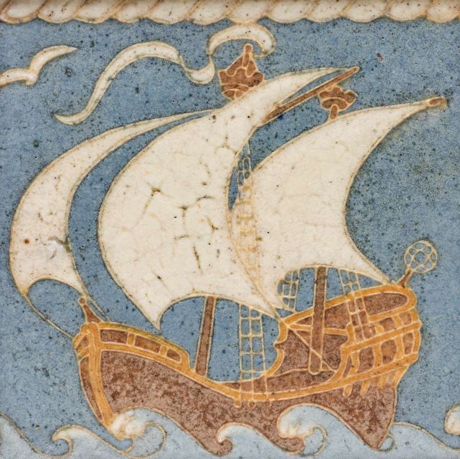 Grueby Galleon Ship Framed Tile c1905 - 2