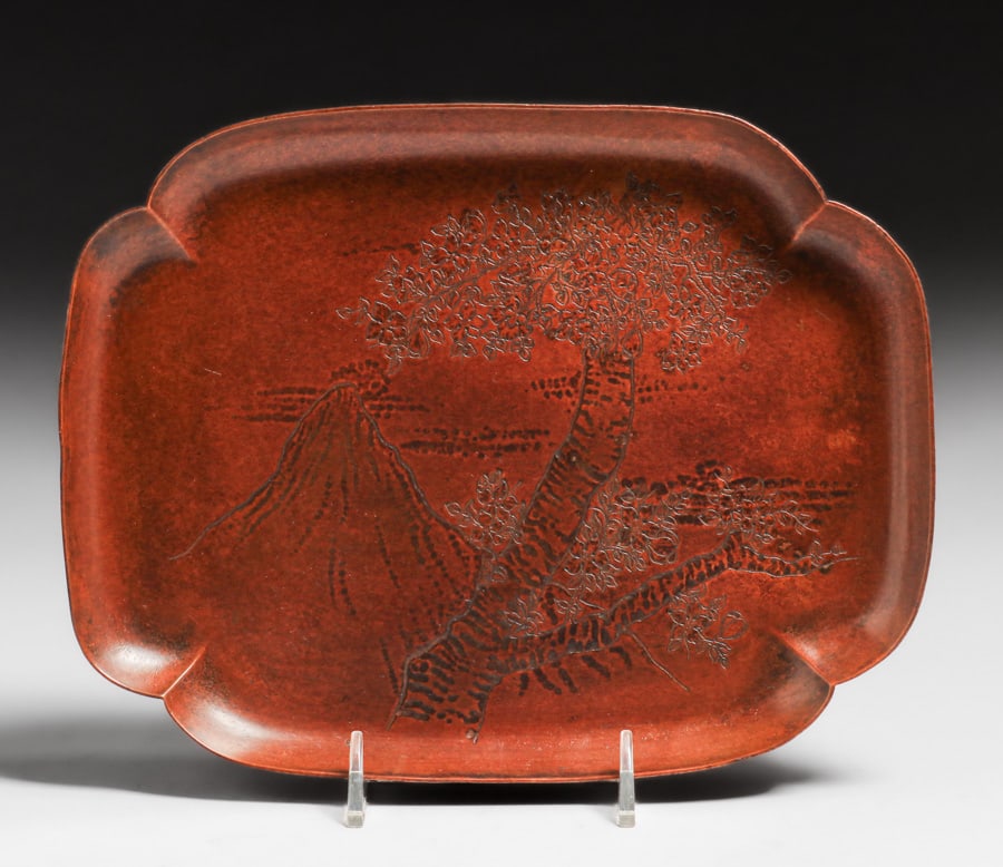 Gorham Aesthetic Movement Decorated Copper Tray c1890s: Gorham Aesthetic Movement Decorated Copper Tray c1890s. Signed. Excellent new patina. 8.5" x 6.75". Buyer's Premium 27% A Buyer's Premium of 27% to be added to the hammer price of each lot if paid