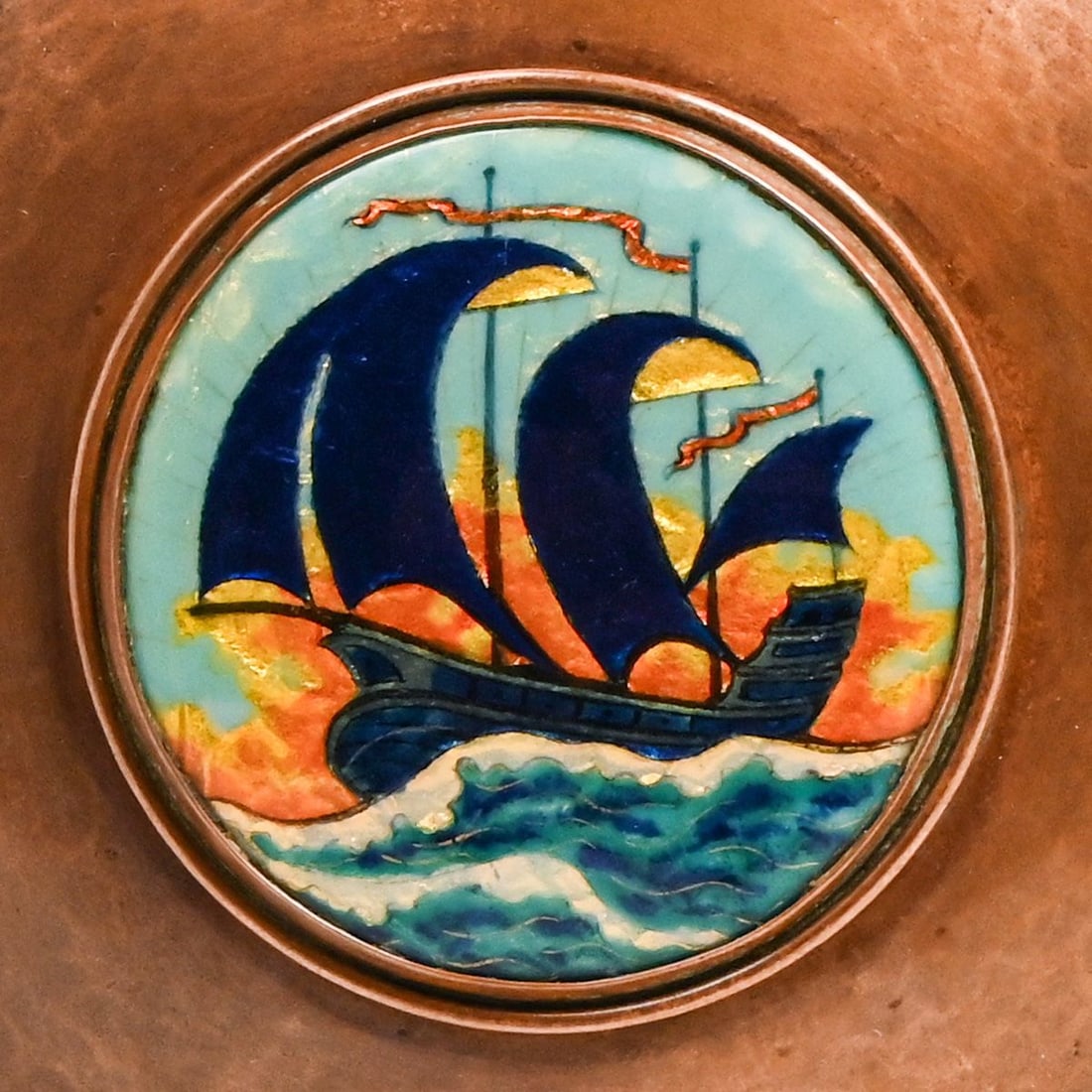 Gertrude Twichell - Boston Society of Arts & Crafts Hammered Copper & Enamel Covered Bowl c1910s: Gertrude Twichell - Boston Society of Arts & Crafts Hammered Copper & Enamel Covered Bowl c1910s. Unsigned. Excellent new patina. This piece features Twichell’s signature whimsical nautical motif,