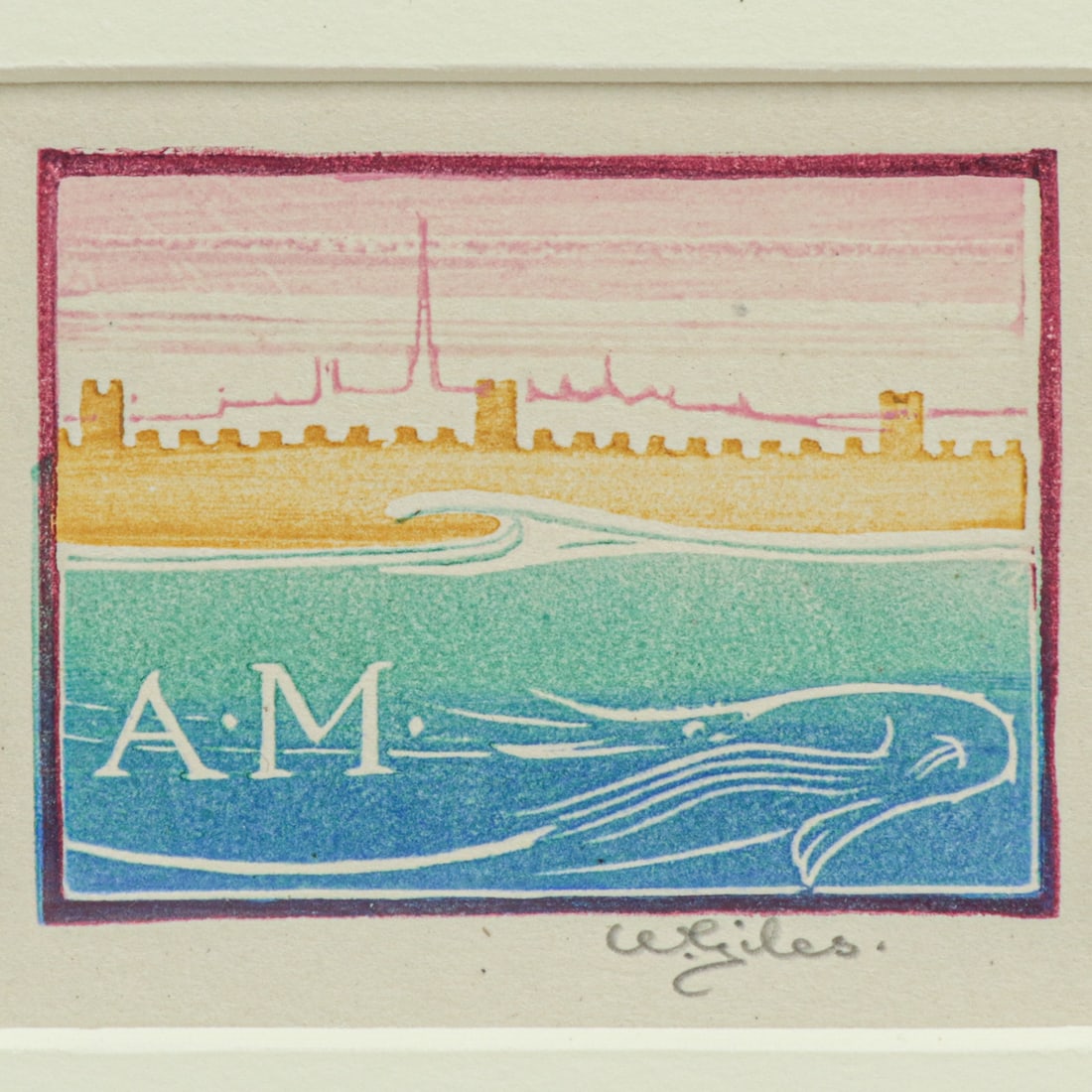 William Giles (British 1872-1939) Color Woodcut "A.M." (Bookplate for Ada M. Shrimpton) 1924: William Giles (British 1872-1939) Color Woodcut "A.M." (Bookplate for Ada M. Shrimpton) 1924. Signed. Excellent condition. 2"h x 3.25"w. Designed by the artist as a personal bookplate for his wife,