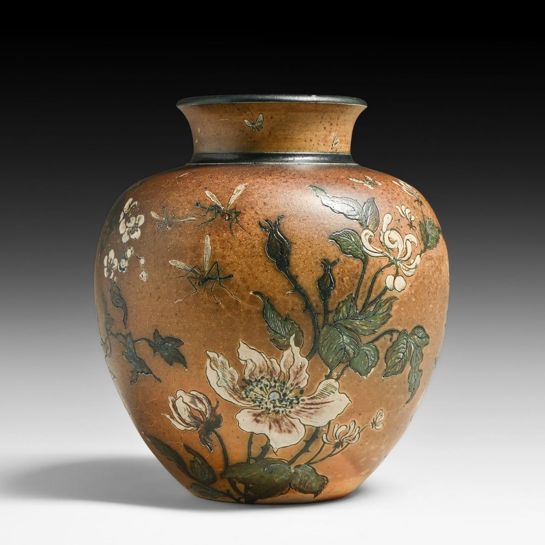 Martin Brothers - London & Southall Spiderweb, Dragonflies & Caterpillars Vase 1893: Martin Brothers - London & Southall Spiderweb, Dragonflies & Caterpillars Vase 1893. Signed. Spider lines to base, otherwise perfect condition. 8.5"h x 7.5"d FREE NATIONWIDE SHIPPING Free Nationwide
