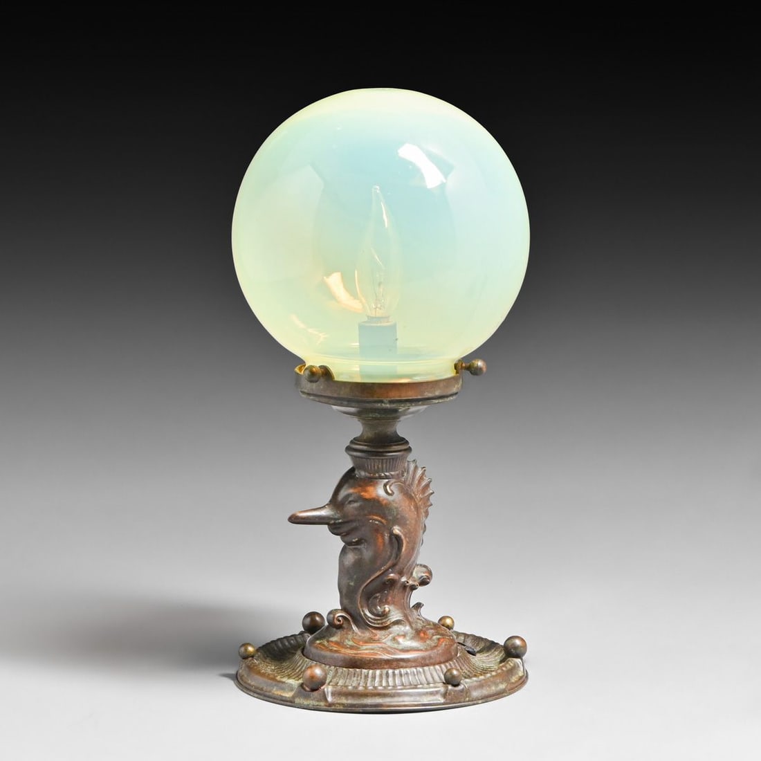 Arts & Crafts Bronze Swordfish & Opaline Glass Globe Lamp c1920s: Arts & Crafts Bronze Swordfish & Opaline Glass Globe Lamp c1920s. Unsigned. Excellent original patina. Opaline Glass Globe in perfect condition. 12"h x 6"d FREE NATIONWIDE SHIPPING Free Nationwide