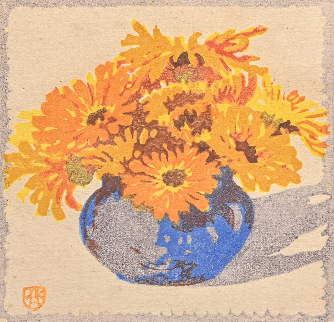 Ilse Koch-Amberg (German 1869-1934) Arts & Crafts Color Woodcut "Marigold" c1920s (1 of 5)