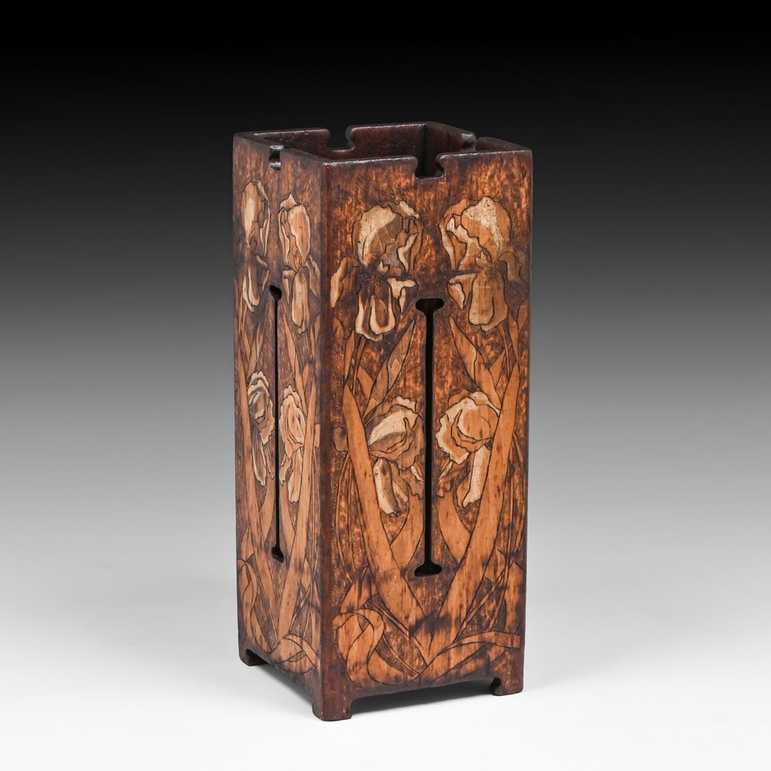 Arts & Crafts Period Hand-Carved Pyrography Umbrella Stand c1910: Arts & Crafts Period Hand-Carved Pyrography Umbrella Stand c1910. Signed "F.W.W." Excellent original finish. 24"h x 9.75" x 9.75" FREE NATIONWIDE SHIPPING Free Nationwide Shipping within the lower 48