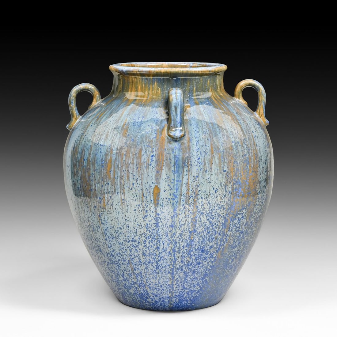Large Fulper Pottery Four-Handled Bulbous Blue Crystalline Vase c1910s: Large Fulper Pottery Four-Handled Bulbous Blue Crystalline Vase c1910s. Signed. Perfect condition. 13"h x 11"d FREE NATIONWIDE SHIPPING Free Nationwide Shipping within the lower 48 states for all purc