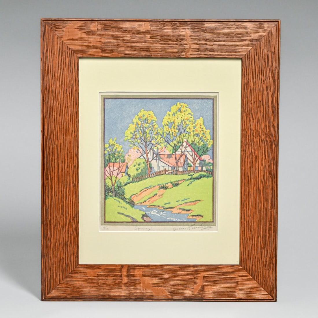 Oscar B. Erickson (1883–1970) Color Linocut "Spring" c1930s: Oscar B. Erickson (1883–1970) Color Linocut "Spring" c1930s. Likely Brown County, Indiana. Erickson was a charter member of the Brown County Art Gallery Association and was deeply involved in the Na