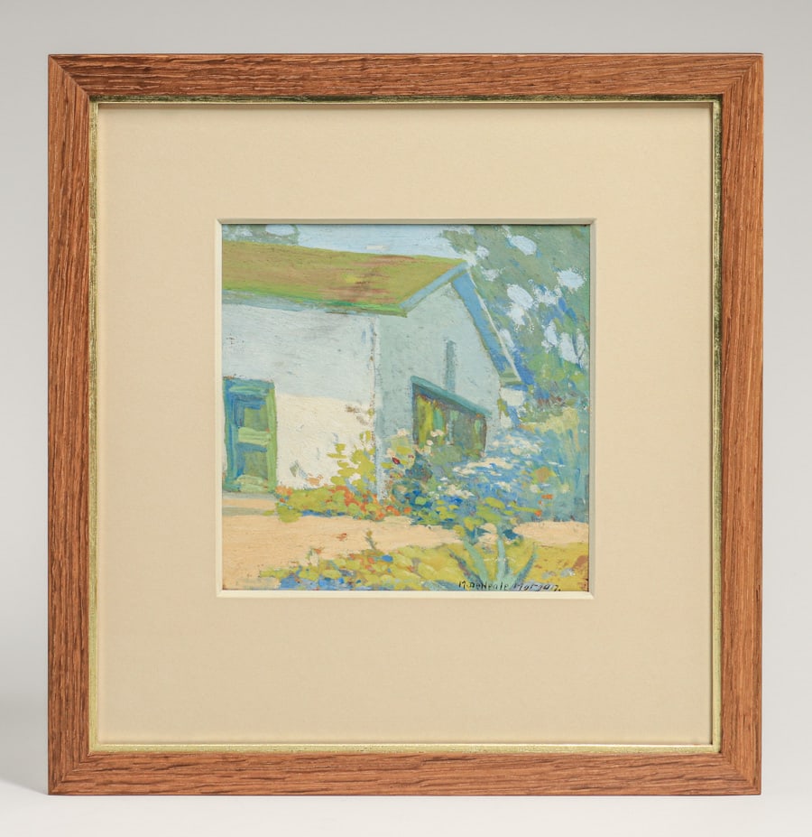 Mary de Neale Morgan (1868-1948) Monterey California Adobe Painting c1920s: Mary de Neale Morgan (1868-1948) Monterey California Adobe Painting c1920s. Oil painting on board. Signed. Excellent condition. Tim Holton custom oak frame. 6.75" x 6.75". Frame 13.5"h x 13"w Buyer's