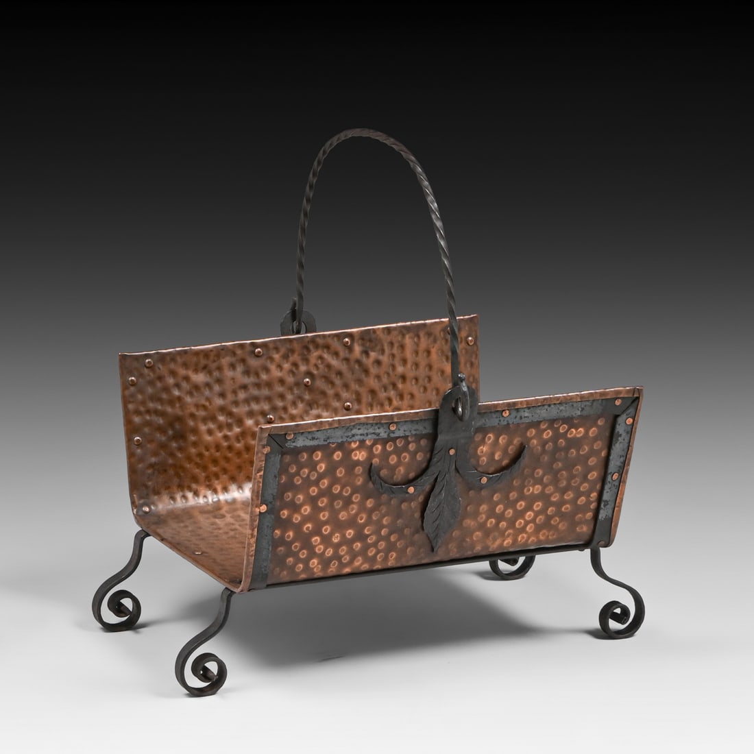 Arts & Crafts Spanish Revival Hammered Copper & Hand-Wrought Iron Log Holder c1920s (1 of 7)