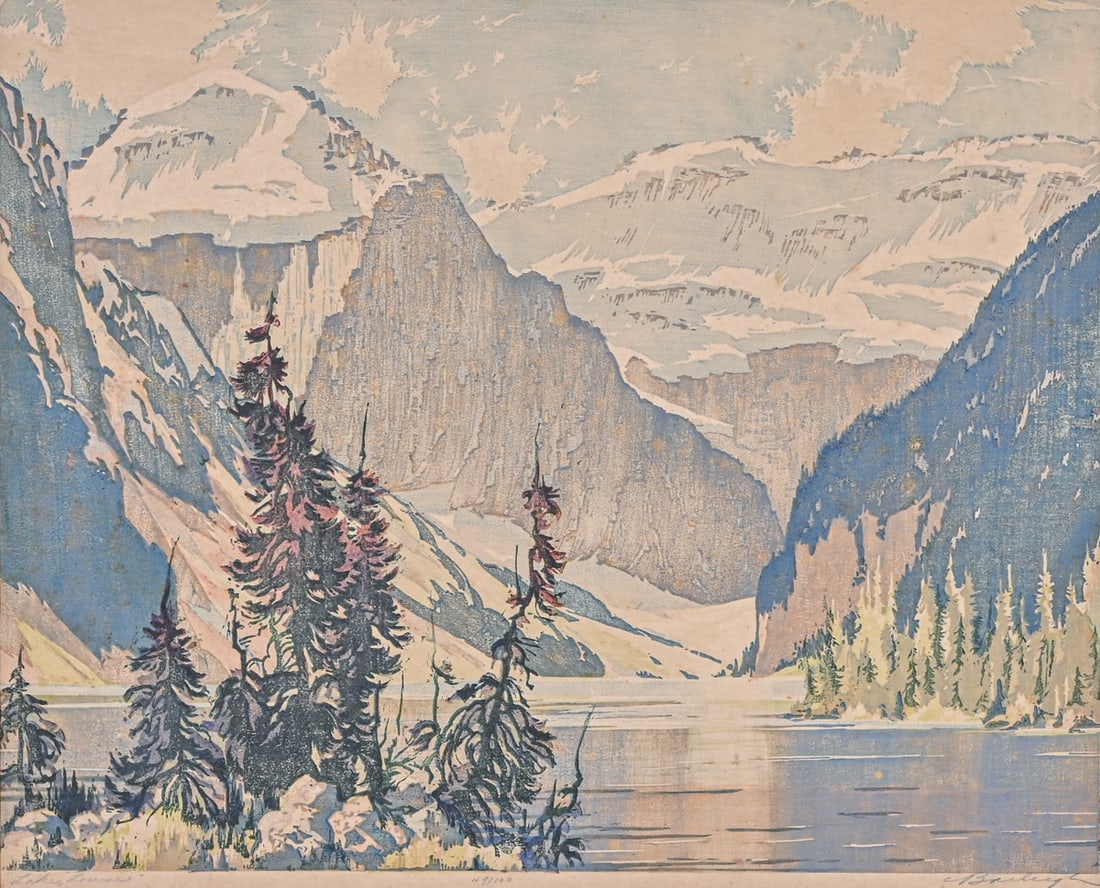 Barbara Harvey Leighton (Canadian, 1911–1986) Color Linocut "Lake Louise" c1940s: Barbara Harvey Leighton (Canadian, 1911–1986) Color Linocut "Lake Louise" c1940s. Signed. Excellent condition. Full sheet. Image 11"h x 13.5"w. Matting 18.5"h x 20"w FREE NATIONWIDE SHIPPING Free Na