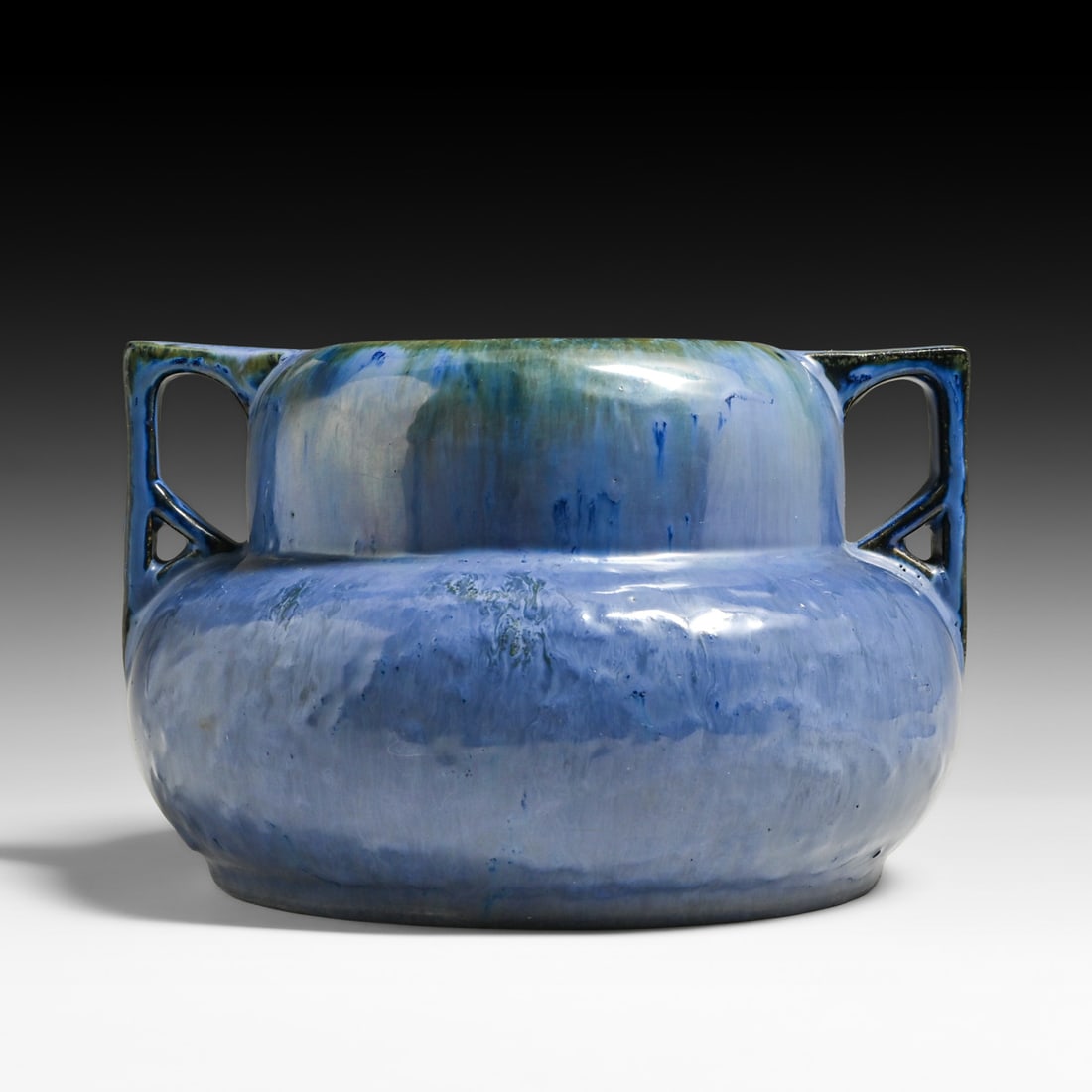 Fulper Pottery Chinese Blue Two-Handled Vase c1910s: Fulper Pottery Chinese Blue Two-Handled Vase c1910s. Signed. Grinding chips to base, otherwise perfect condition. 10"d x 6.25"h FREE NATIONWIDE SHIPPING Free Nationwide Shipping within the lower 48
