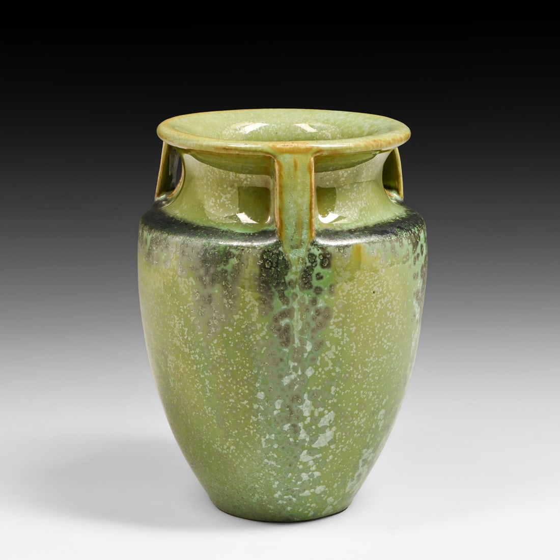 Fulper Pottery Three-Handled Leopardskin Bullet-Form Vase c1917-1920: Fulper Pottery Three-Handled Leopardskin Bullet-Form Vase c1917-1920. Signed. Perfect condition. 6.75"h x 5"d FREE NATIONWIDE SHIPPING Free Nationwide Shipping within the lower 48 states for all