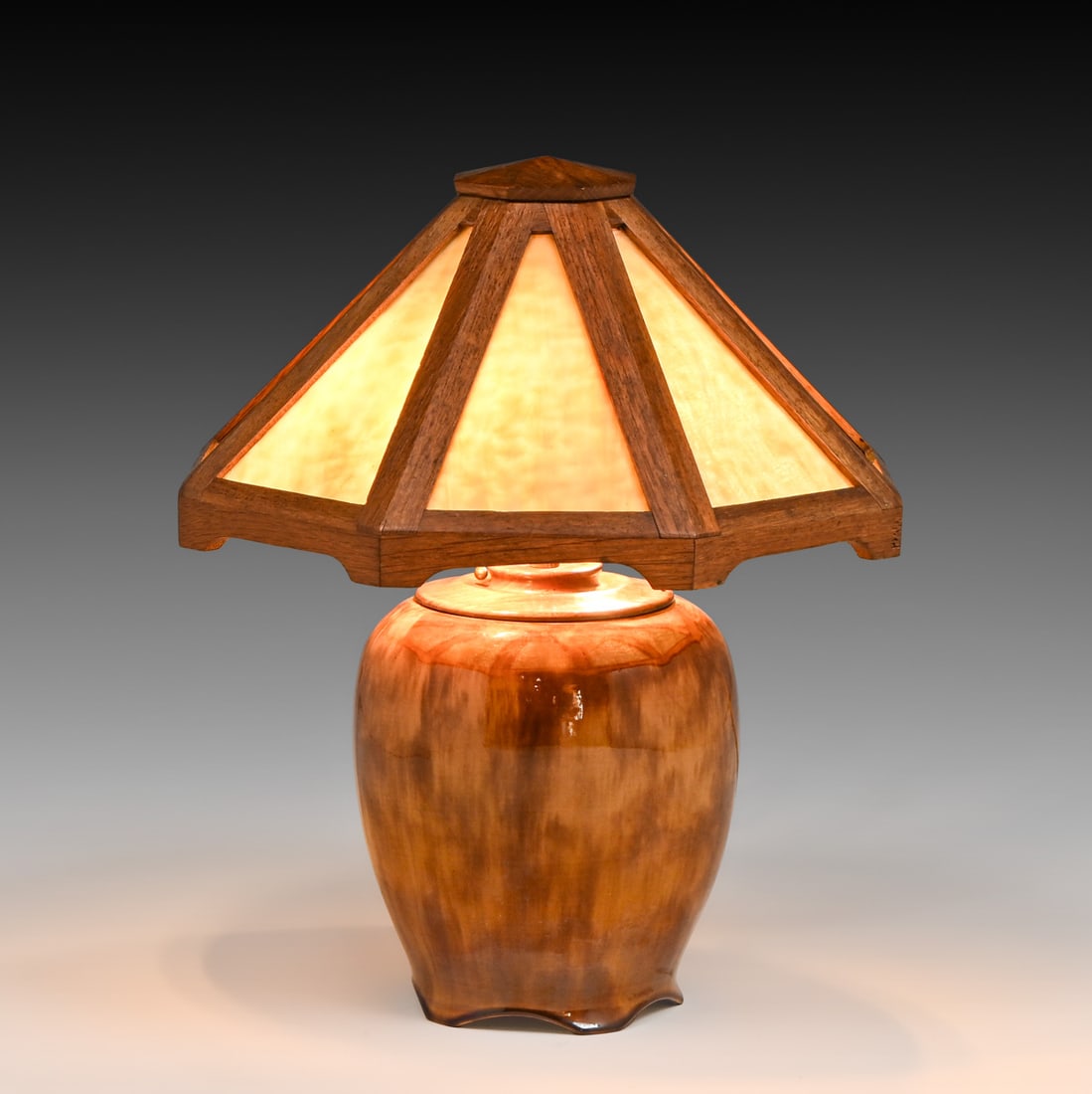 Volkmar Pottery, Oak & Slag Glass Lamp c1910 (1 of 7)