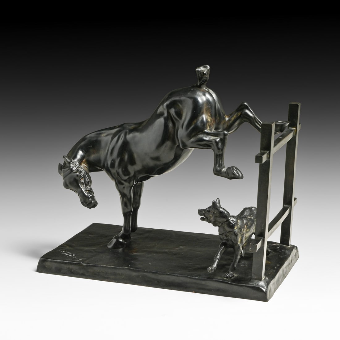 Gaston d'Illiers (French, 1876–1932) Bronze "Cheval à la barrière" (Horse and Dog at the: Gaston d'Illiers (French, 1876–1932) Bronze "Cheval à la barrière" (Horse and Dog at the Barrier) c1920s. Signed. Excellent original patina. 10.75"w x 9.5"h x 6.25"d FREE NATIONWIDE SHIPPING Free