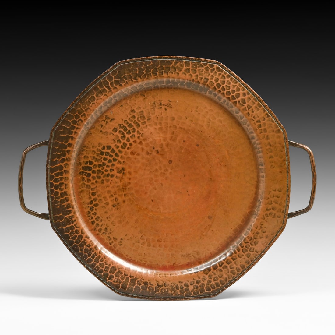 Roycroft Hammered Copper Two-Handled Tray c1920s: Roycroft Hammered Copper Two-Handled Tray c1920s. Signed. Worn original patina. 12"w x 10"d FREE NATIONWIDE SHIPPING Free Nationwide Shipping within the lower 48 states for all purchases at our