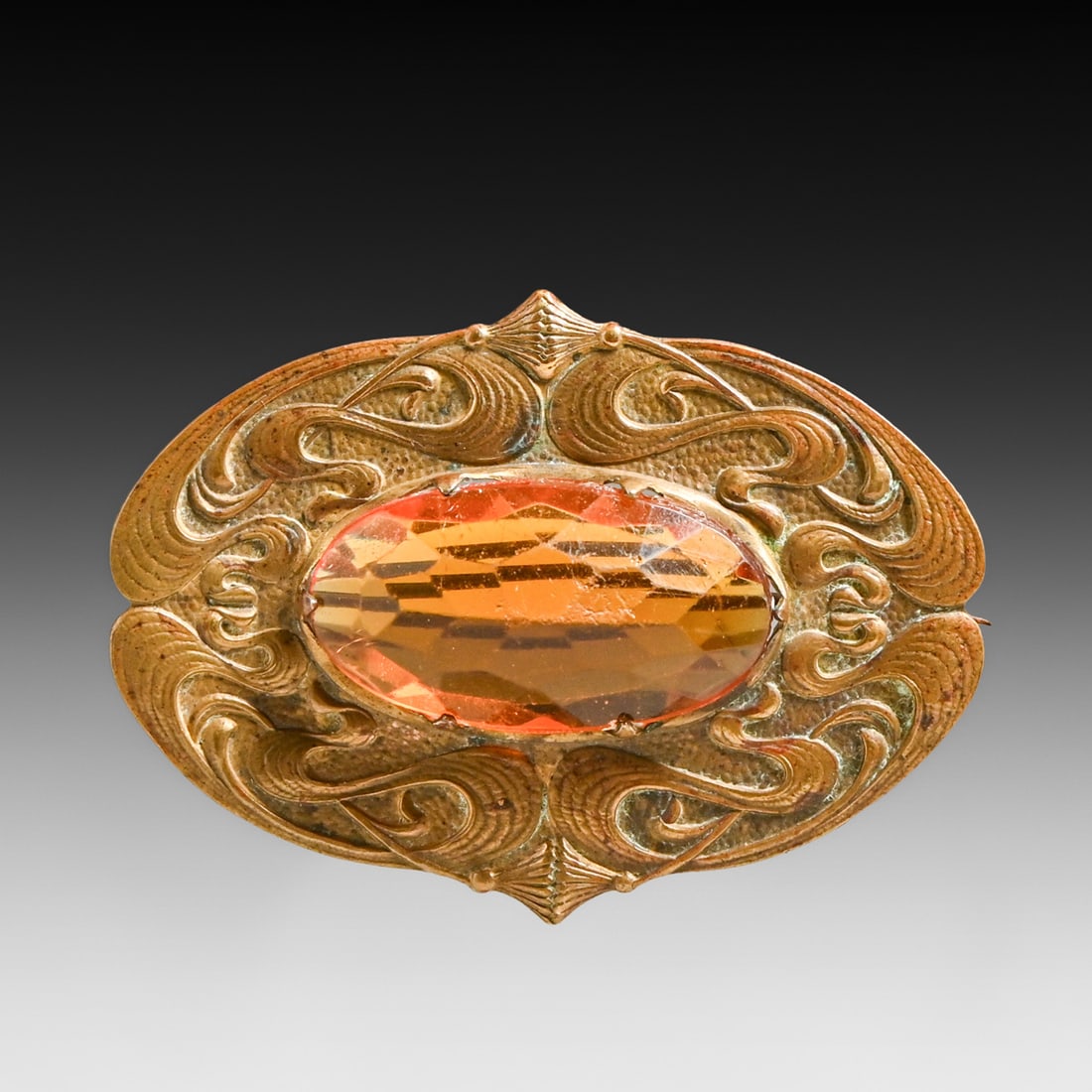 Art Nouveau Embossed Brass & Amber Glass Jeweled Sash Pin c1900: Art Nouveau Embossed Brass & Amber Glass Jeweled Sash Pin c1900. Unsigned. Some wear to amber glass, otherwise excellent condition. 2.5"w x 1.75"h FREE NATIONWIDE SHIPPING Free Nationwide Shipping