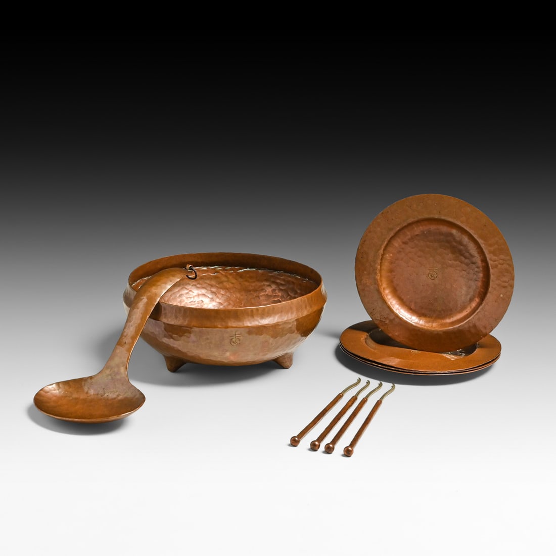 Roycroft Hammered Copper 10 Piece Nut Bowl, Spoon, Nut Pick & Trays Set c1915 (1 of 12)