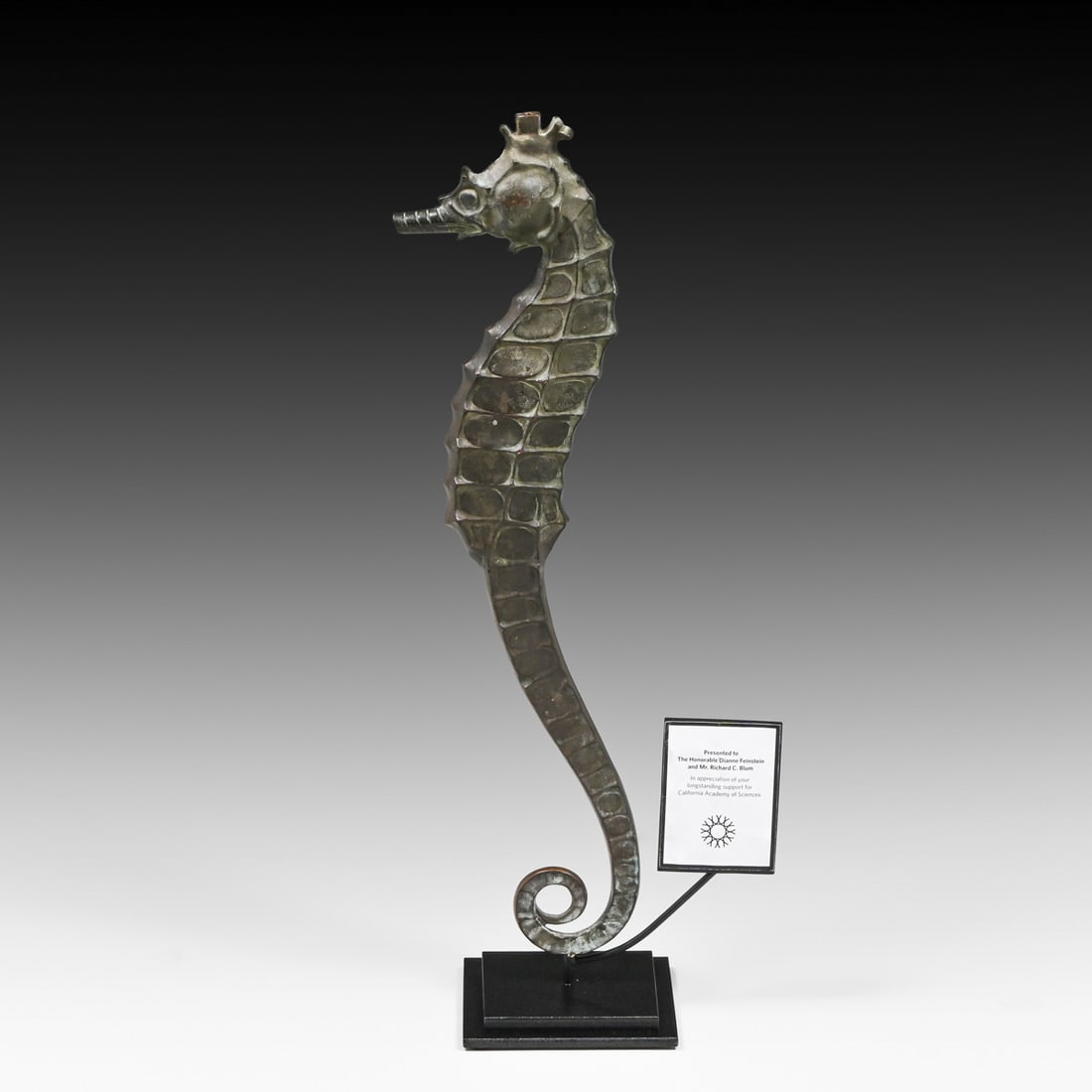 Edgar Walter (1877-1938) California Academy of Sciences Historic Bronze Seahorse 1923: Edgar Walter (1877-1938) California Academy of Sciences Historic Bronze Seahorse 1923. Unsigned (these were never signed). Excellent original patina. 24"h with stand x 9"w. Base 5.5" x 5.5" Exceptiona