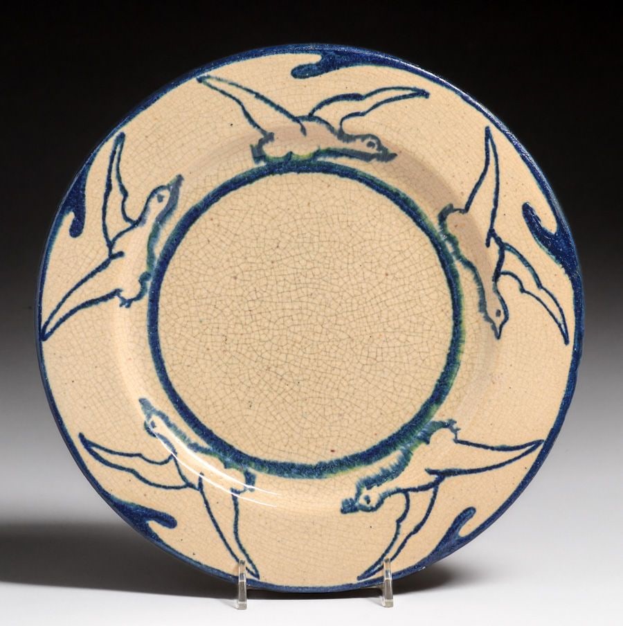 Early Pewabic Pottery Iridescent Crackleware Flying Geese Plate c1905: Early Pewabic Pottery Iridescent Crackleware Flying Geese Plate c1905. Signed. Perfect condition. 9 7/8"d FREE NATIONWIDE SHIPPING Free Nationwide Shipping within the lower 48 states for all purchases