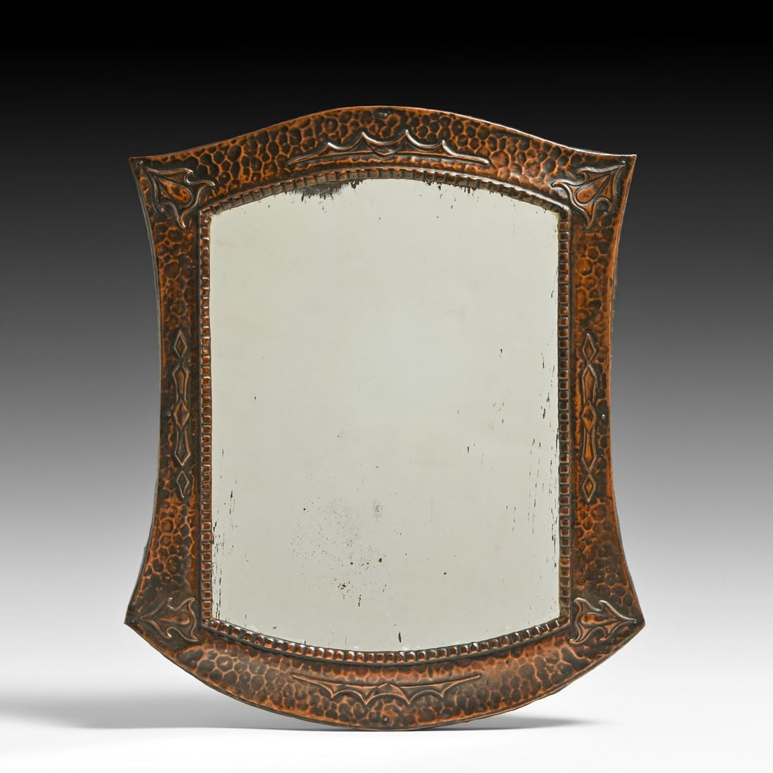 Arts & Crafts Period Hammered Copper Mirror c1900s: Arts & Crafts Period Hammered Copper Mirror c1900s. Unsigned. Some discoloring to original mirroring. Excellent new patina. 11.5"h x 9.5"w FREE NATIONWIDE SHIPPING Free Nationwide Shipping within the