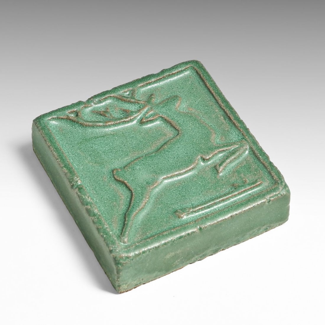 Grueby Pottery Matte Green Galloping Deer Tile c1910 - 2