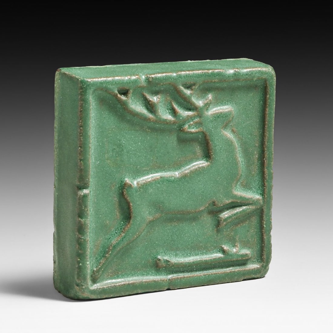 Grueby Pottery Matte Green Galloping Deer Tile c1910 - 3
