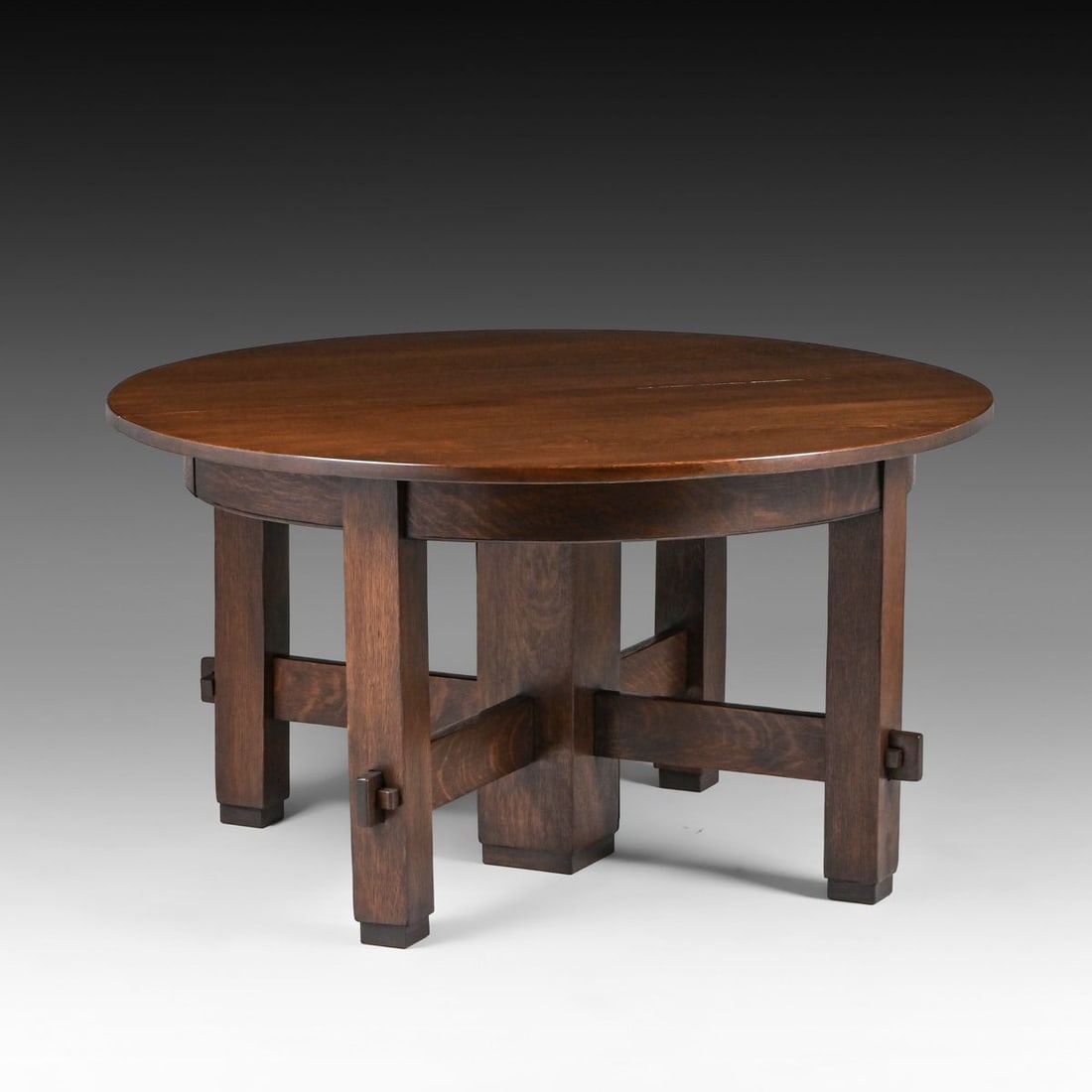 Early Gustav Stickley 54" Five-Leg Dining Table c1902: Early Gustav Stickley 54" Five-Leg Dining Table c1902. with seven 12"w skirted leaves. Four new skirted leaves. Unsigned. Very nicely refinished. 54"d x 29"h. Extends to 102" x 54" with leaves. FREE