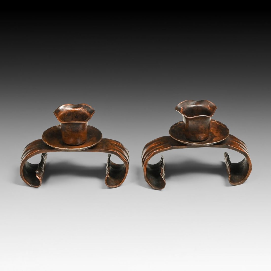 Craftsman Studios - Laguna Beach, CA Pair Hammered Copper Candlesticks c1930s - 2