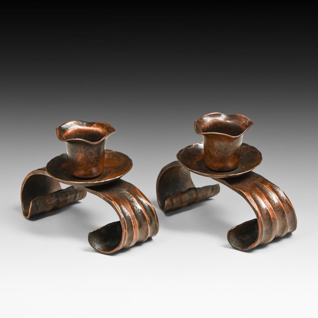 Craftsman Studios - Laguna Beach, CA Pair Hammered Copper Candlesticks c1930s - 4