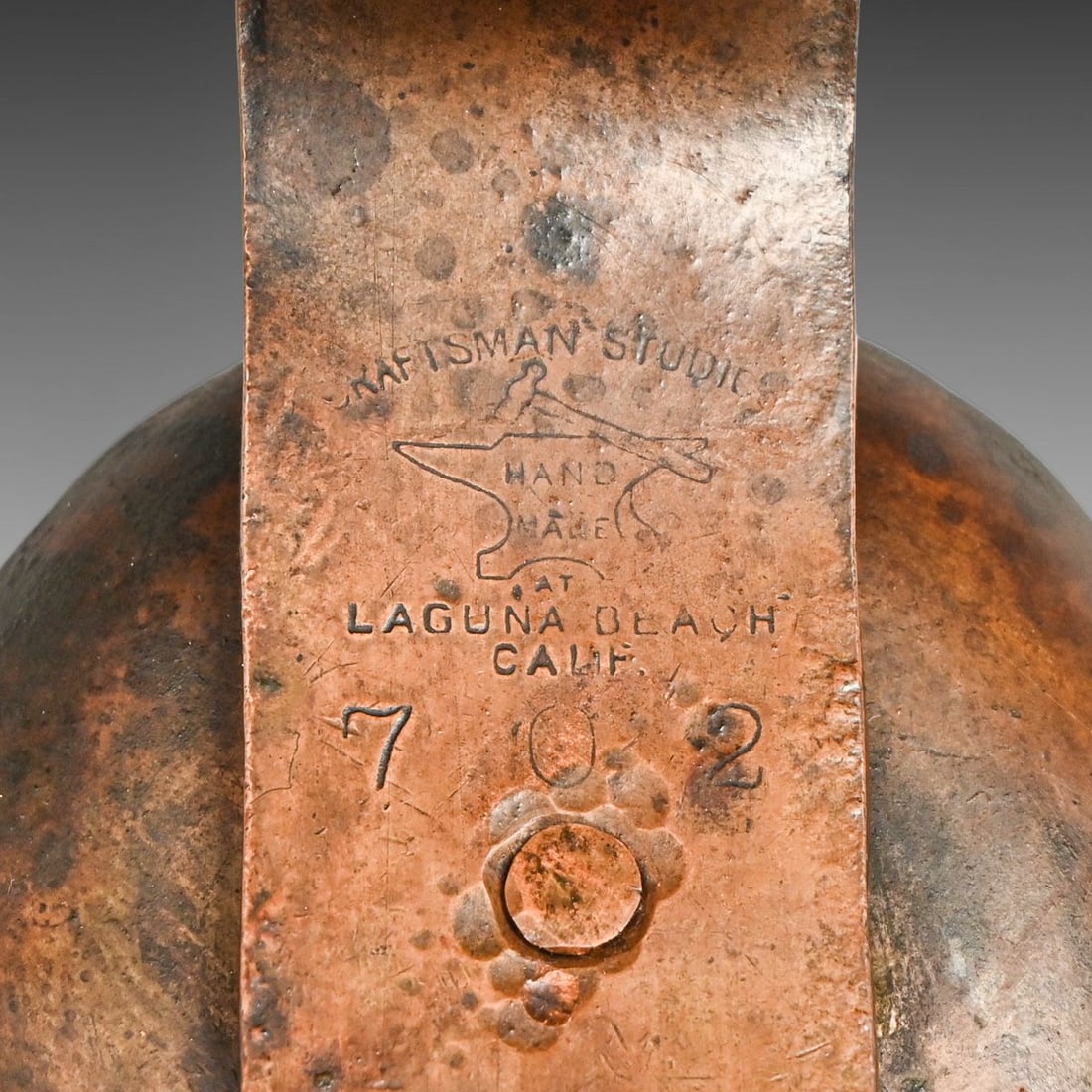 Craftsman Studios - Laguna Beach, CA Pair Hammered Copper Candlesticks c1930s - 6