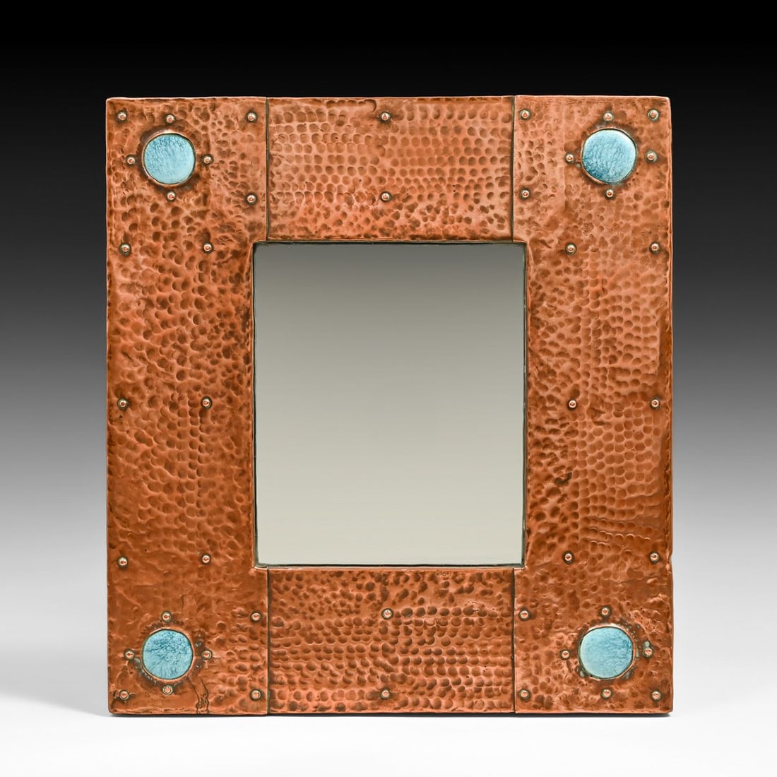 Liberty & Co Hammered Copper & Ruskin Enamel Cabochon Mirror c1900s (1 of 5)