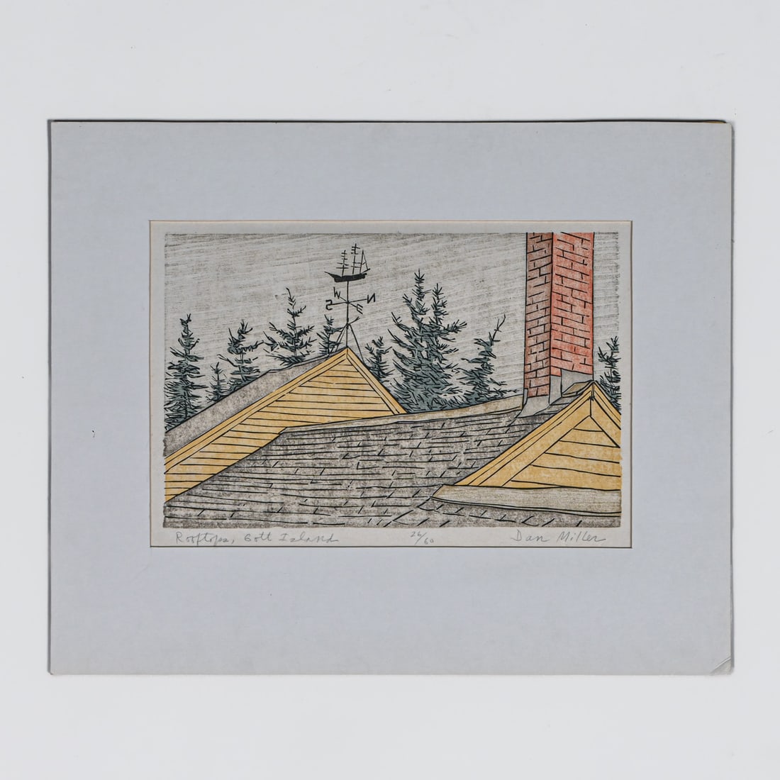 Dan Miller (Born 1928) Color Woodcut "Rooftops, Gott Island" c1980s/90s: Dan Miller (Born 1928) Color Woodcut "Rooftops, Gott Island" c1980s/90s. Signed. Unframed. Excellent condition. Image 7.5"h x 11.55"w Dan Miller is a master printmaker and long-time faculty member at
